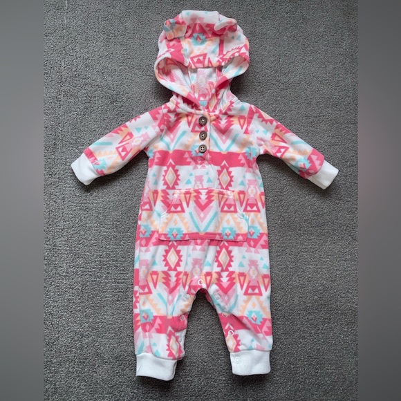 Carter’s baby girl white Aztec print hooded fleece jumpsuit coverall Sz 3 months - Picture 3 of 9